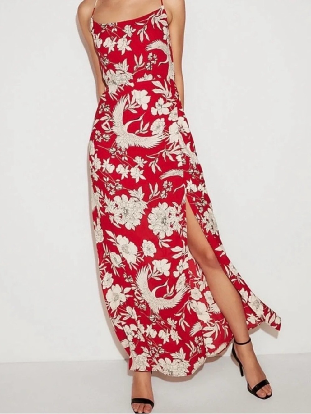 Express Red Floral Slip Maxi Dress with White Print